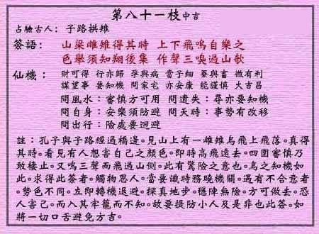 黄大仙灵签第81签解签:子路拱雉